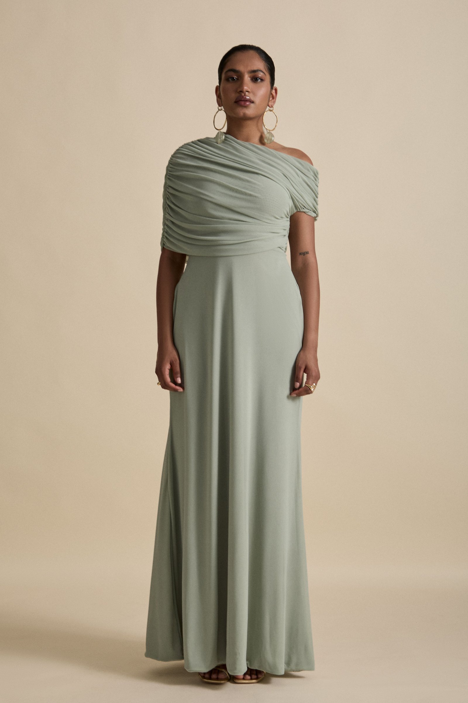 NZURI RUCHED CAPE MAXI DRESS - Smoke Green