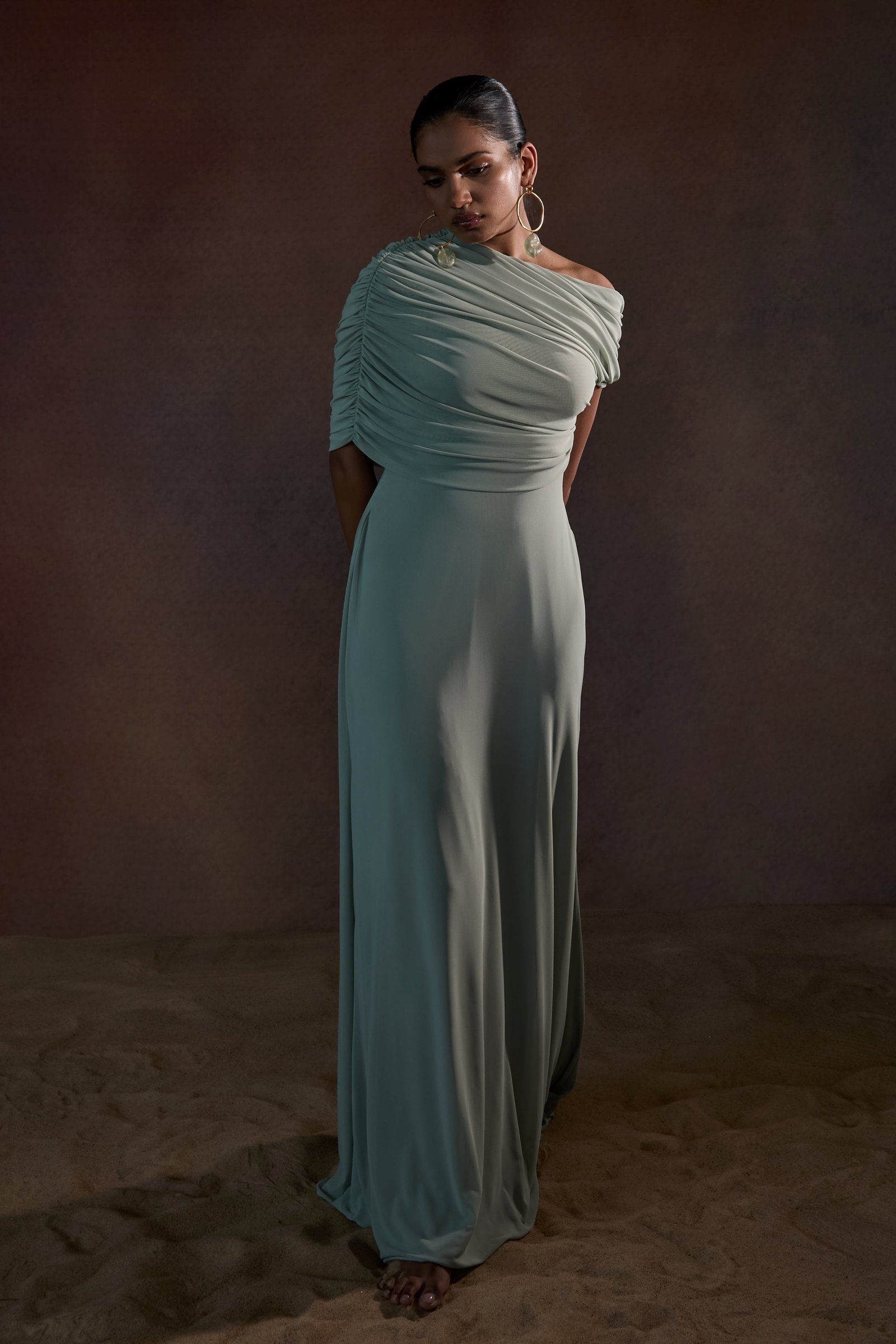 NZURI RUCHED CAPE MAXI DRESS - Smoke Green