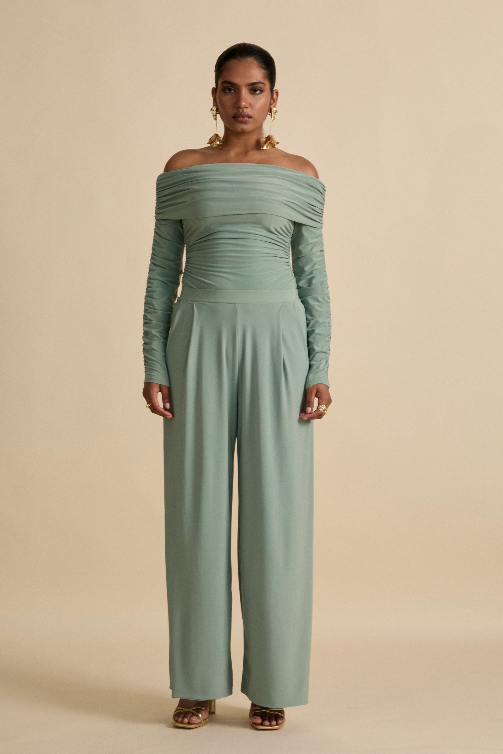 NEPETA WIDE LEG PLEAT DETAIL TROUSERS - Smoke Green
