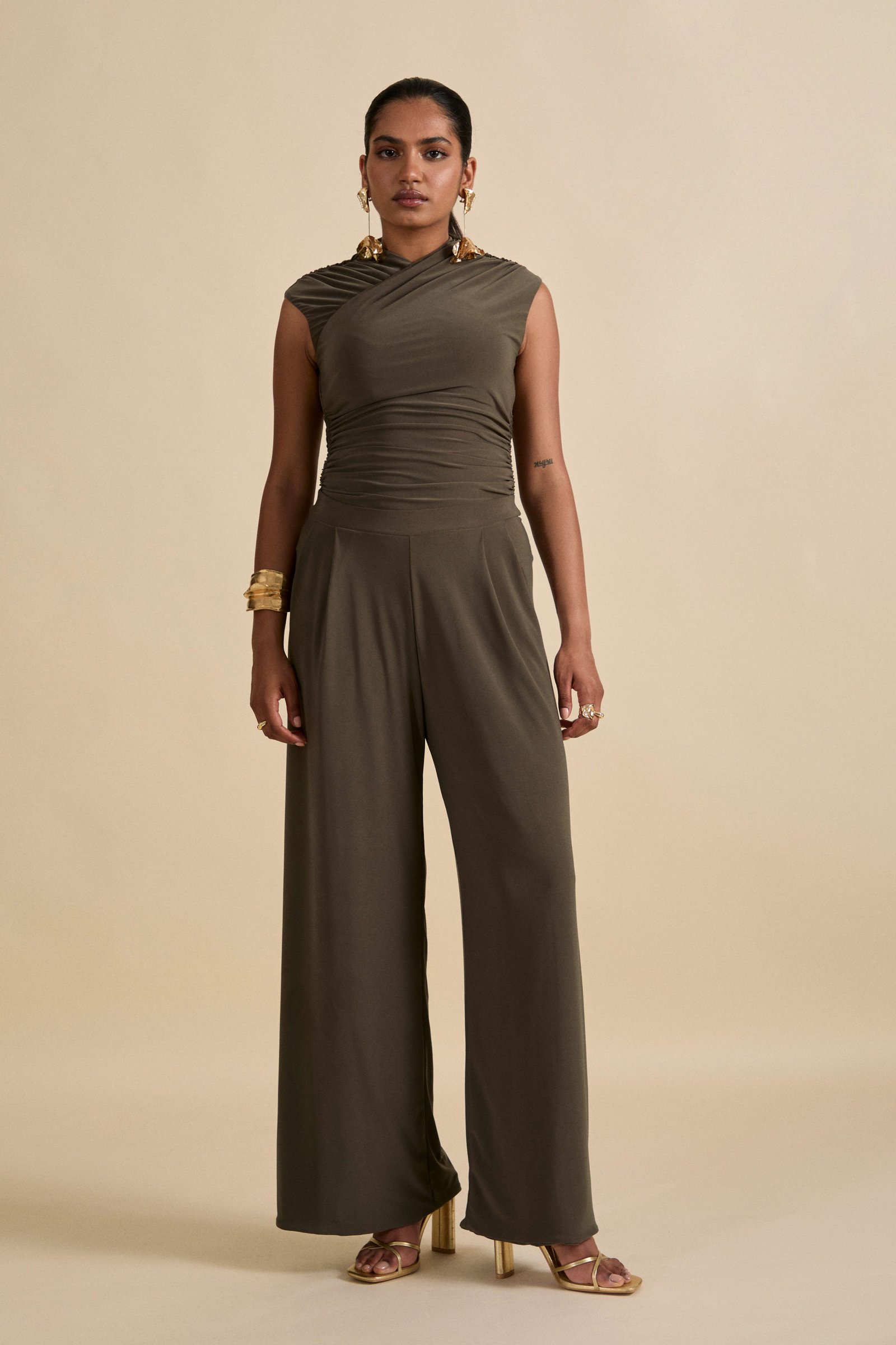 NEPETA WIDE LEG PLEAT DETAIL TROUSERS - Cypress Green