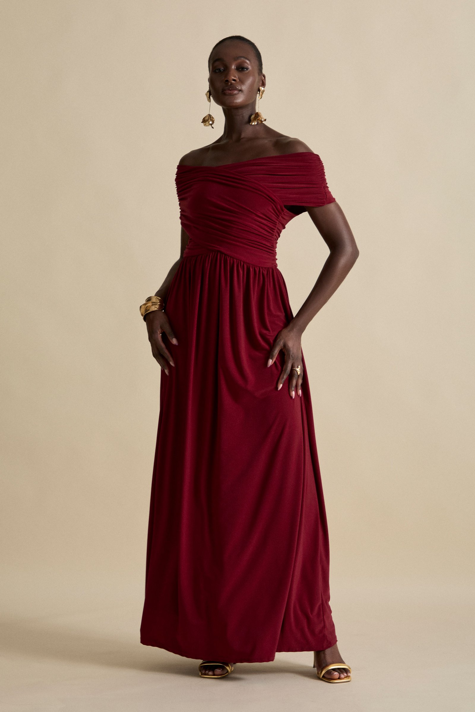 SIDRA RUCHED OFF SHOULDER MAXI DRESS - Rumba Red