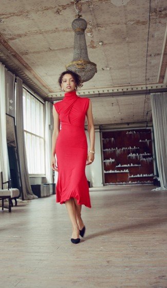 ADARA HIGH NECK WRAP MIDI DRESS - Red