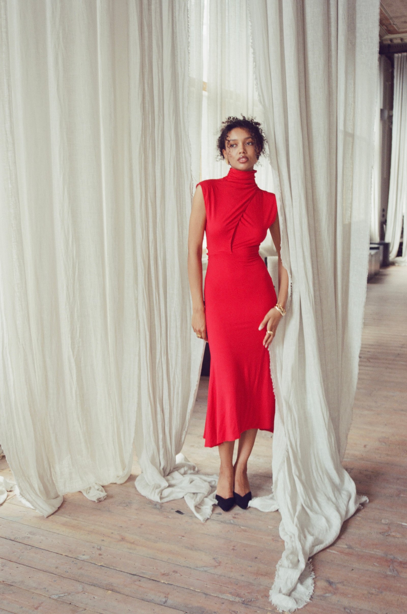 ADARA HIGH NECK WRAP MIDI DRESS