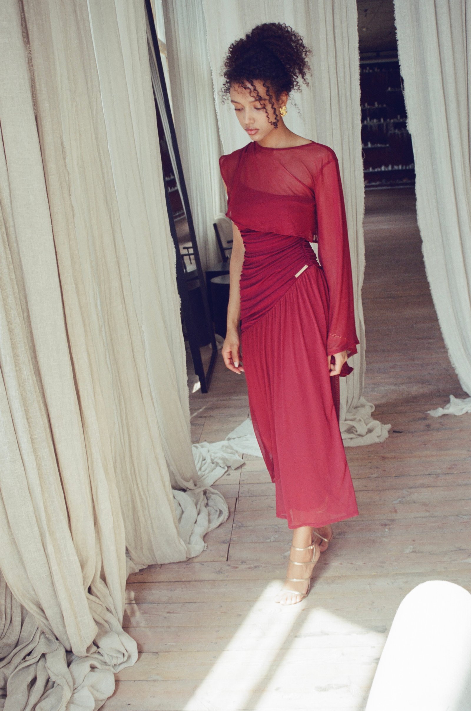 ROSALINE SHEER CAPE MIDI DRESS